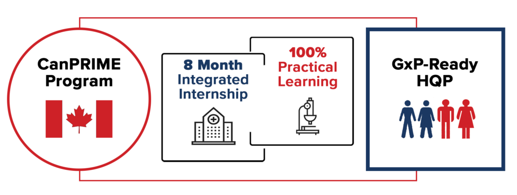 CanPrime Graphic with the text: CanPRIME program, 8 Months Integrated Internship, 100% practical learning, GxP-Ready HQP