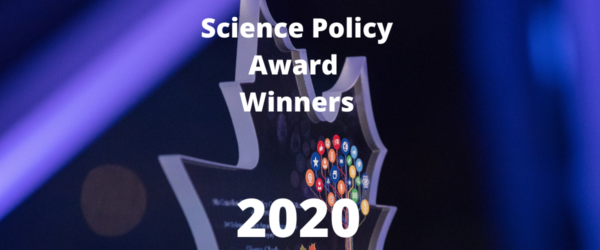 A picture of a leaf-shaped glass trophy behind the text: Science Policy Award Winners 2020