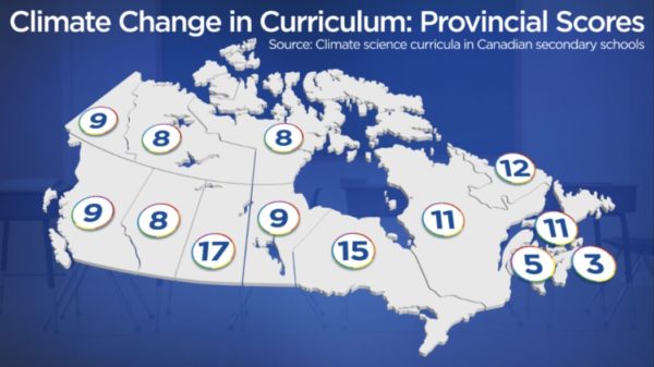 a map of the 'score' each province recieved for including climate change in their curriculum